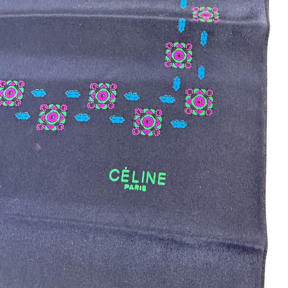 Celine Silk Scarf Navy Geometric Print Fringe Vintage 56 Inch